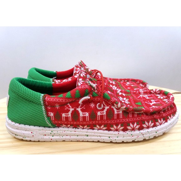 Hey Dude‎ Wally Jolly Jingle Shoes Mens Red Green Size 12 Slip On Christmas - Picture 2 of 8